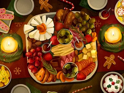 Christmas Celebration – Brand Illustrations for an Animated Camp animation branding campaign celebration charcuterie christmas decoration feast hands illustration motion graphics new year party social media table