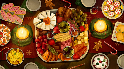 Christmas Celebration – Brand Illustrations for an Animated Camp animation branding campaign celebration charcuterie christmas decoration feast hands illustration motion graphics new year party social media table