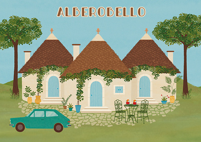 Alberobello - illustrated postcard alberobello digital illustration fiat 127 illustrated postcard illustrated postcards illustration illustrator italy negroni photoshop postcards design puglia puglia illustration travel travel illustration travel in italy trulli trulli di alberobello wedding