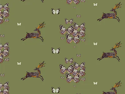 Dance of the Deer and Butterflies alive butterfly dance deer fabric fashion forest free gentle motion pattern pistachio green plain run sarface textile wild
