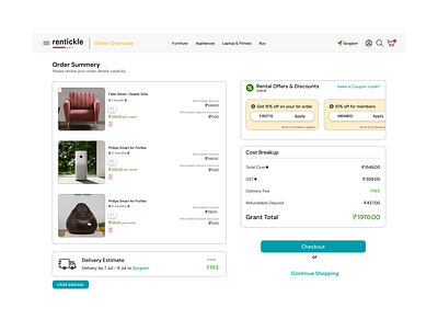 Rentickle : Checkout screen aesthetic appliances checkout design furniture rentickle screen ui website