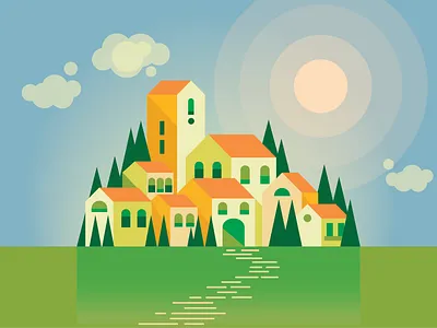 Hillside Village pt.1 brightcolors calm flatdesign geometric illustration landscape minimal morning sunrise vector vectorart village