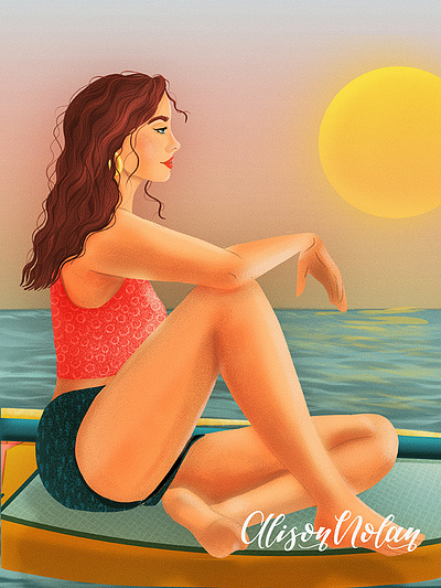 Sunset Glow book cover design design drawing challenge editorial design female character portrait female illustrator hand drawn illustration paddleboard procreate summer vibes sunset