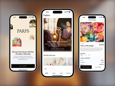 PARFS Luxury Perfume E-Commerce Mobile App app design app interface app prototype app ui design ecommerce app ecommerce app uiux ecommerce ui e‑commerce mobile ui figma design fragrance app design luxury app luxury ui mobile app design mobile ecommerce perfume ecommerce app app perfume ui uiux design web app design