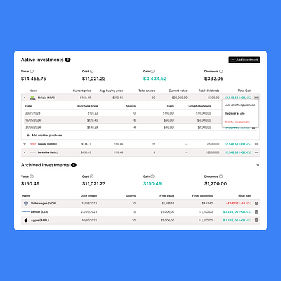 Investments Table accordions data design finance investment overview tables ui ux