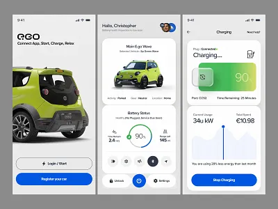 E.go Electric Cars / EV Car App animation app app design car app charging design electric ev ev cars illustration interface minimal mobile plainthing product design tubik typography ui ux vector