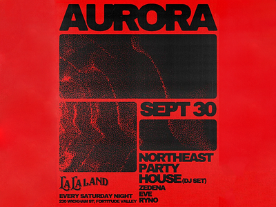 AURORA - Grungy Event Poster Design aurora bold bold design creative dj set event event invitation event poster invitation inviting la la land modern party design poster poster design red red and black retro retro inspired typo