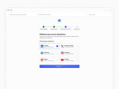 Marketing dashboard onboarding design b2b automation business setup clean configuration configure connect dashboard design trends flow integrate keyword minimal onboarding progress saas saasfactor setup social media stepper tracking