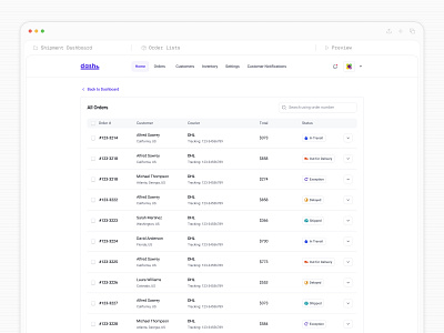 Order List Shipment Tracking Table UI b2b column courier tracking customers data grid data table delivery ecommerce logistics management minimal order saas saasfactor shipment table dashboard table design table ui top design agency
