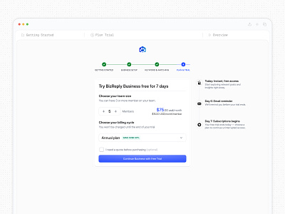Free Trial & Subscription Setup UI Design annual plan b2b billing business enterprise design minimal onboarding pricing pricing card pricing plan pricing table product design saas saasfactor subscription top design agency trial trust building ui design website design