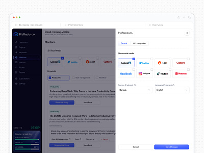 Marketing SaaS Web App Preferences UI ai reply b2b design trends dialog generation marketing minimal modal preference profile saas saas app saas interface saasfactor settings sidebar social media top design agency tracking ui