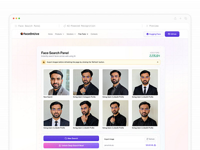 AI-Powered Face Search Panel UI Design ai ai matching platform analytics automation clean ui dashboard face recognition futuristic design minimal minimal design onboarding profile matching saas saas interface saasfactor search panel ui ux web app