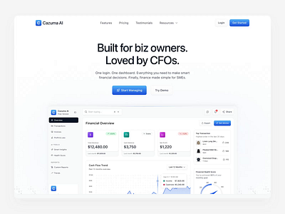 Cazuma AI – Smart Finance Dashboard for SMEs ai animation business cazuma dashboard demo export finance health score invoices landing page medium profit small smart smart insight smes trends