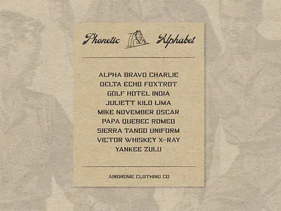 Airdrome Clothing Co Phonetic Alphabet badge branding classic font crest graphic design identity illustration logo menswear motor packaging patch phonetic pilot retro retro font typeface typography vintage brand vintage font