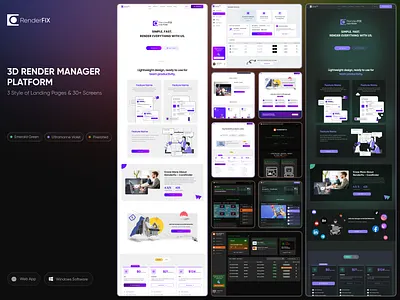 RenderFix - 3D Render Manager Platform + Admin Panel Screens 3d render manager admin panel apple liquid glass clean design cms crm dashboard emerald green glass effect glassmorphism liquid glass web design modern landing pages modern web pages pixel art pixelated web design purple landing page render software saas ui kit web designs