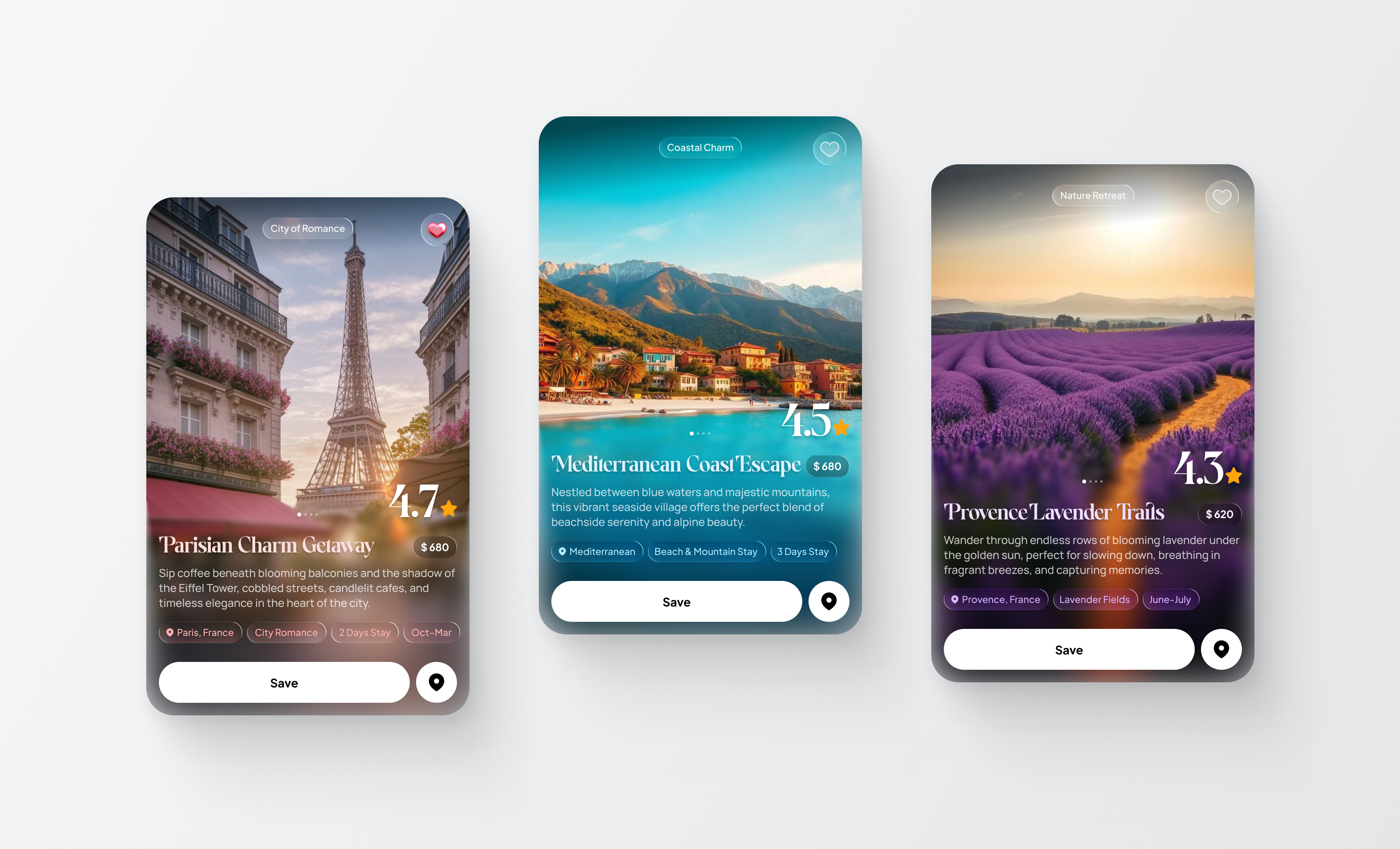 Travel Destination Cards app apple glass blur card concept design favorites figma glass ui graphic design illustration list progressive blur ratings travel ui web design