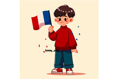 Cartoon Boy Holding a France Flag background celebration culture day eiffel europe european event feast flag france freedom greeting independence nation national paris patriotic tower traditional