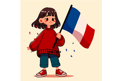 Cartoon Girl Holding a France Flag background celebration culture day eiffel europe european event feast flag france freedom greeting independence nation national paris patriotic tower traditional