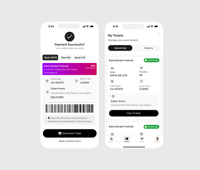 event app ticket and history screen branding dailyui design illustration product design ui uiux user experience ux