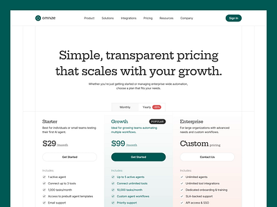 Omnize - Pricing and Plan ai ai agent ai platform ai saas assistant clean design digital integration modern pricing page pricing plan pricing table saas technology typography ui ux web app website