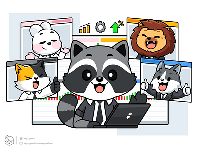 Racoon Remote Meeting analytics bunny business cartoon cat character corporate design dog husky illustration lion mascot mascot logo meeting online rabbit racoon remote