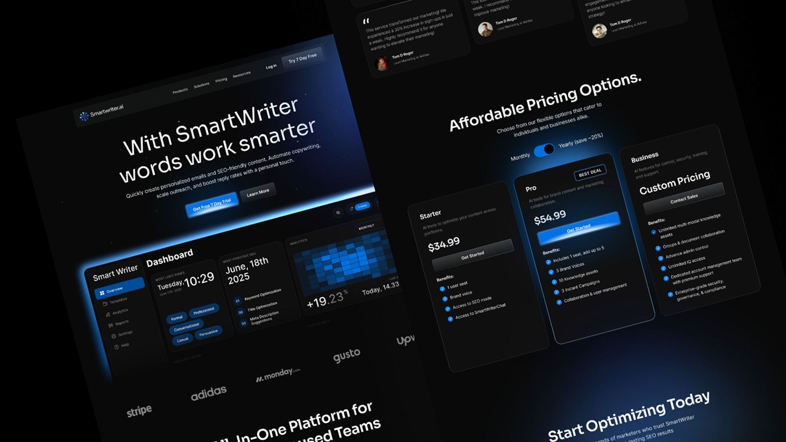 Smartwriter Ai – Website & Email Mockups brand identity branding dark mode design email campaign email design email template graphic design illustration klaviyo landing page logo mail mailchimp saas saas mail tech ui visual identity web design