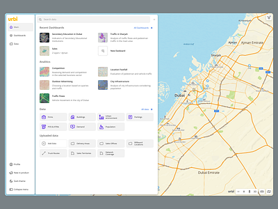 Urbi Pro geoanalytics geobi home page interface main screen map menu product deaign ui urbi ux
