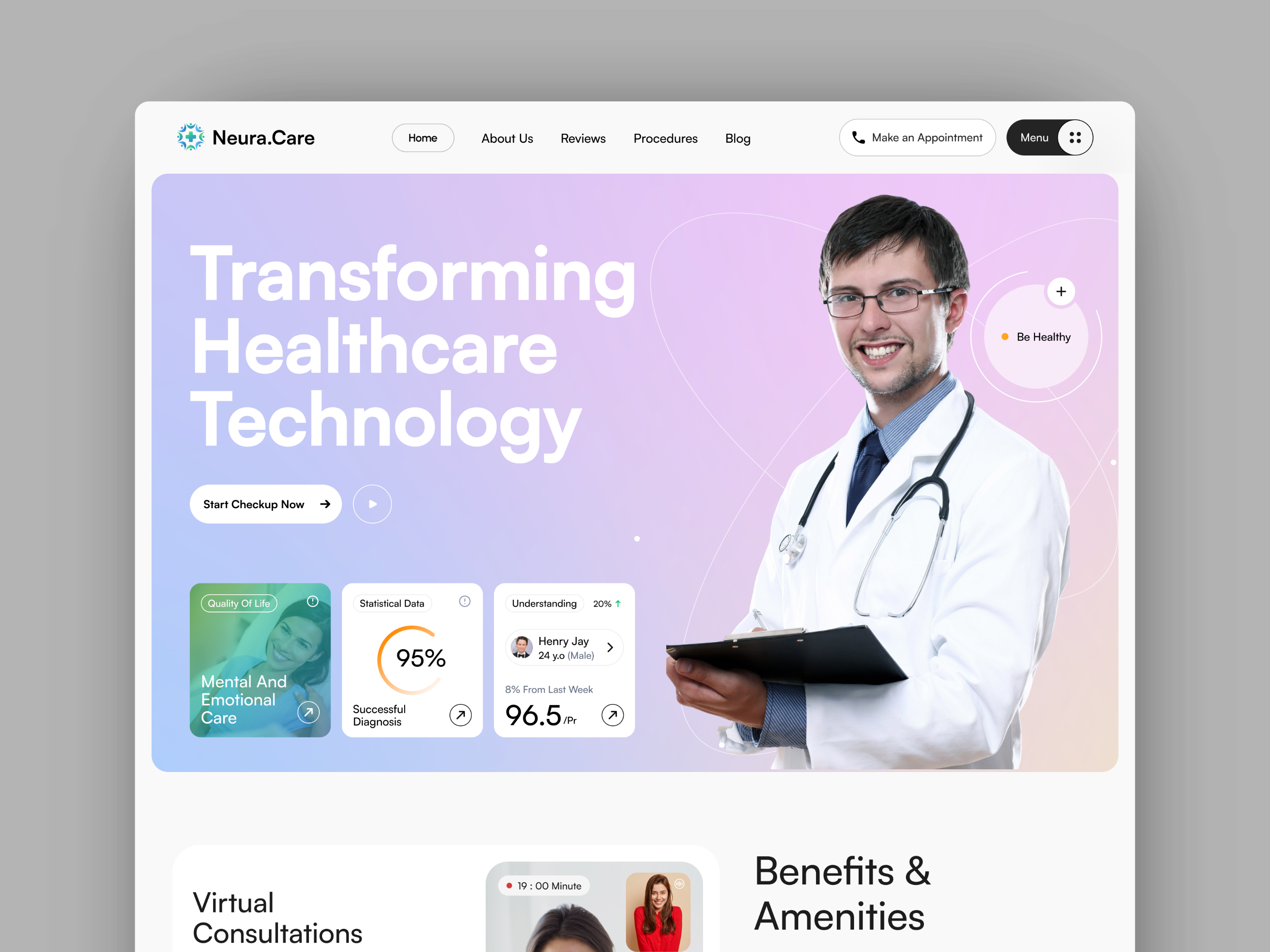 Neura.Care - Health Care Landing Page Design ai artificial intelligence consultation design doctor health health care landing page healthcare homepage hospital landing page medical medical care patient selfcare ui web web design website wellness