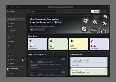 NeuroNest - Startup LLM AI SaaS Tool Dashboard Design admin ai ai tool analytics application dark dashboard desktop app llm modern platform product design professional saas startup ui user dashboard web design website widgets