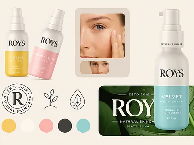 Modern Skincare Branding Concept for ROYS Natural Skincare 3d animation brand brand identity branding branding mockup cardboard cosmetic packaging design design inspiration direction graphic design illustration logo motion graphics natural skincare package design product branding ui