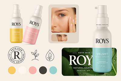 Modern Skincare Branding Concept for ROYS Natural Skincare 3d animation brand brand identity branding branding mockup cardboard cosmetic packaging design design inspiration direction graphic design illustration logo motion graphics natural skincare package design product branding ui