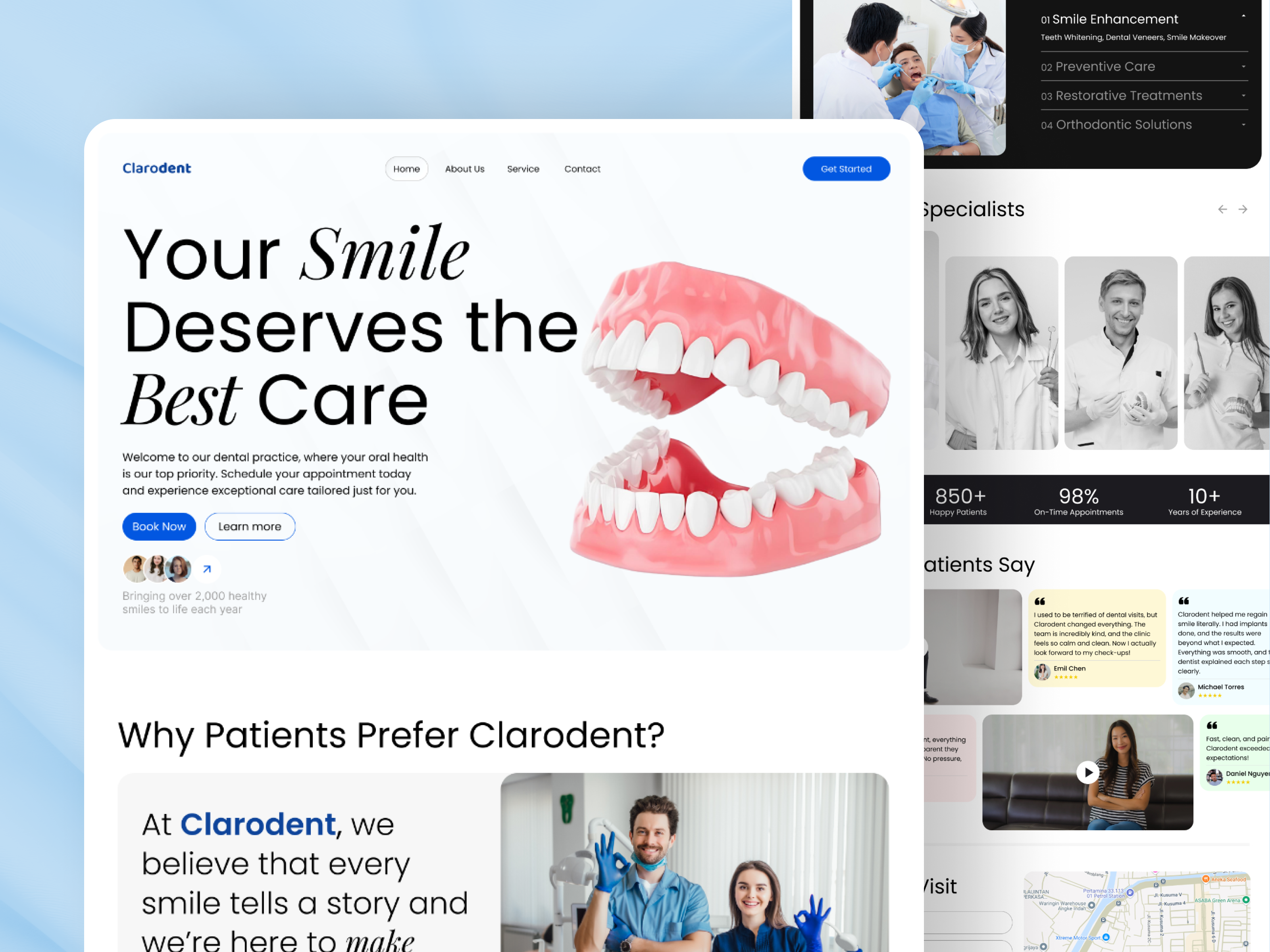 Clarodent - Dental Care Website clinicdesign clinicwebdesign dental dentalcare dentalcaredesign dentalcarewebsite dentalclinicweb dentist herosection landingpage landingpagedesign ui uiwebdesign uxdesign webdentalcare webdesign websitedesign