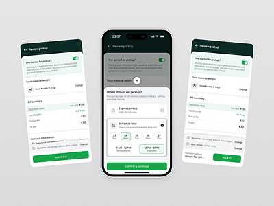 Schedule your pickup checkout delivery design draw experience flat location management minimal mobile modal order payment pickup product design slot ui ux vector waste