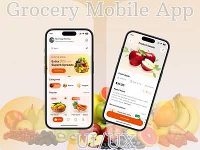 Grocery Mobile App ai app cart ui checkout flow ecommerce app food grocery app ios minimal design mobile app modern ui offer banner online shopping product details product page retail app shopping app smart buy super shop uidesign uiux