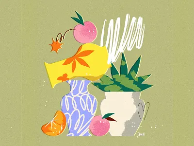 Fruit and vases apple apples composition design flower flowers illustration peach peaches plant plants texture textures vase vector