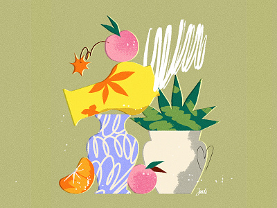 Fruit and vases apple apples composition design flower flowers illustration peach peaches plant plants texture textures vase vector