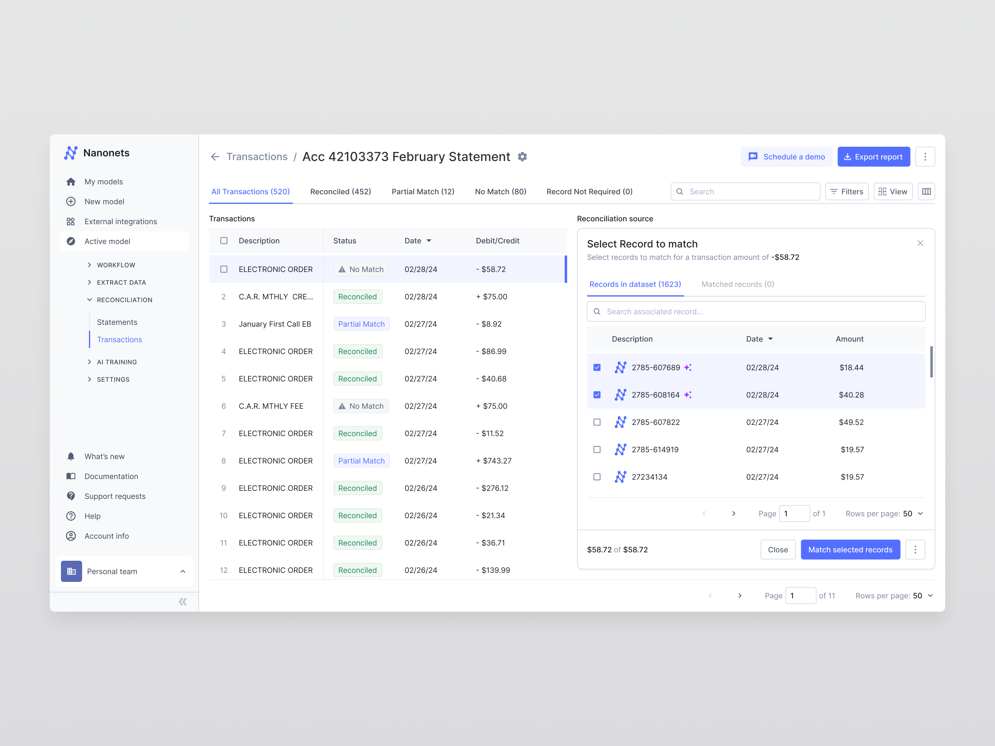 Transaction to record matching accounts payable ai dashboard design financial flat manual match matching minimal nanonets payment reconciliation record selection source table transaction ui ux