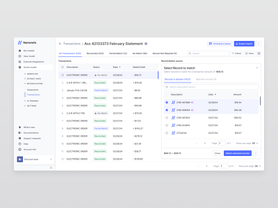 Transaction to record matching accounts payable ai dashboard design financial flat manual match matching minimal nanonets payment reconciliation record selection source table transaction ui ux