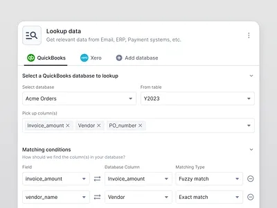 Lookup data chip component conditions data database design dropdown filter flat input label lookup matching minimal modal nanonets remove search ui ux