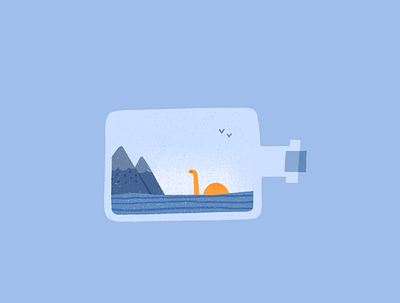 Miniature bottle calm character creature illustration landscape loch ness miniature mountains nessie procreate sea sunrise sunset texture water