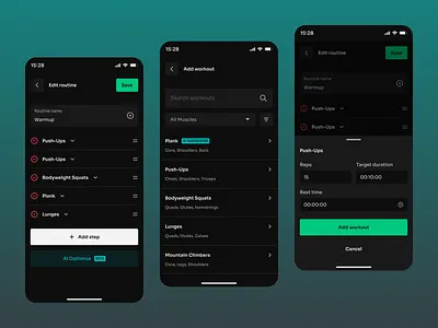 Add workout to routine add app customize dark mode design edit exercise fitness flat manage minimal mobile modal product design remove routine ui ux vector workout