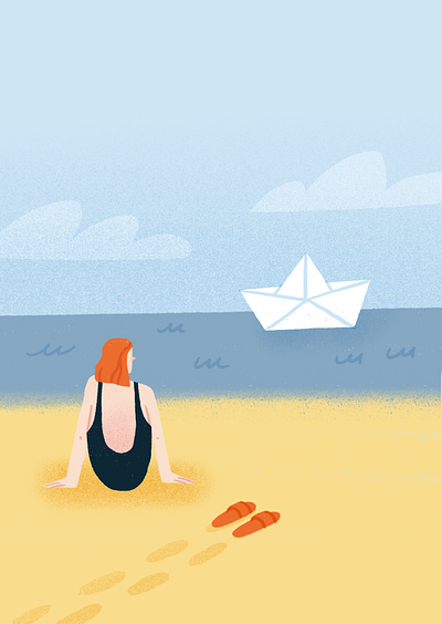 Dreaming Big beach boat character dream flip flops footprints girl illustration observation origami paper ship procreate sand sea ship swimsuit texture