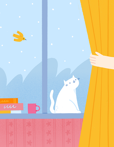 Winter Observer bird cat character home illustration interior pet procreate snow texture warmth window winter