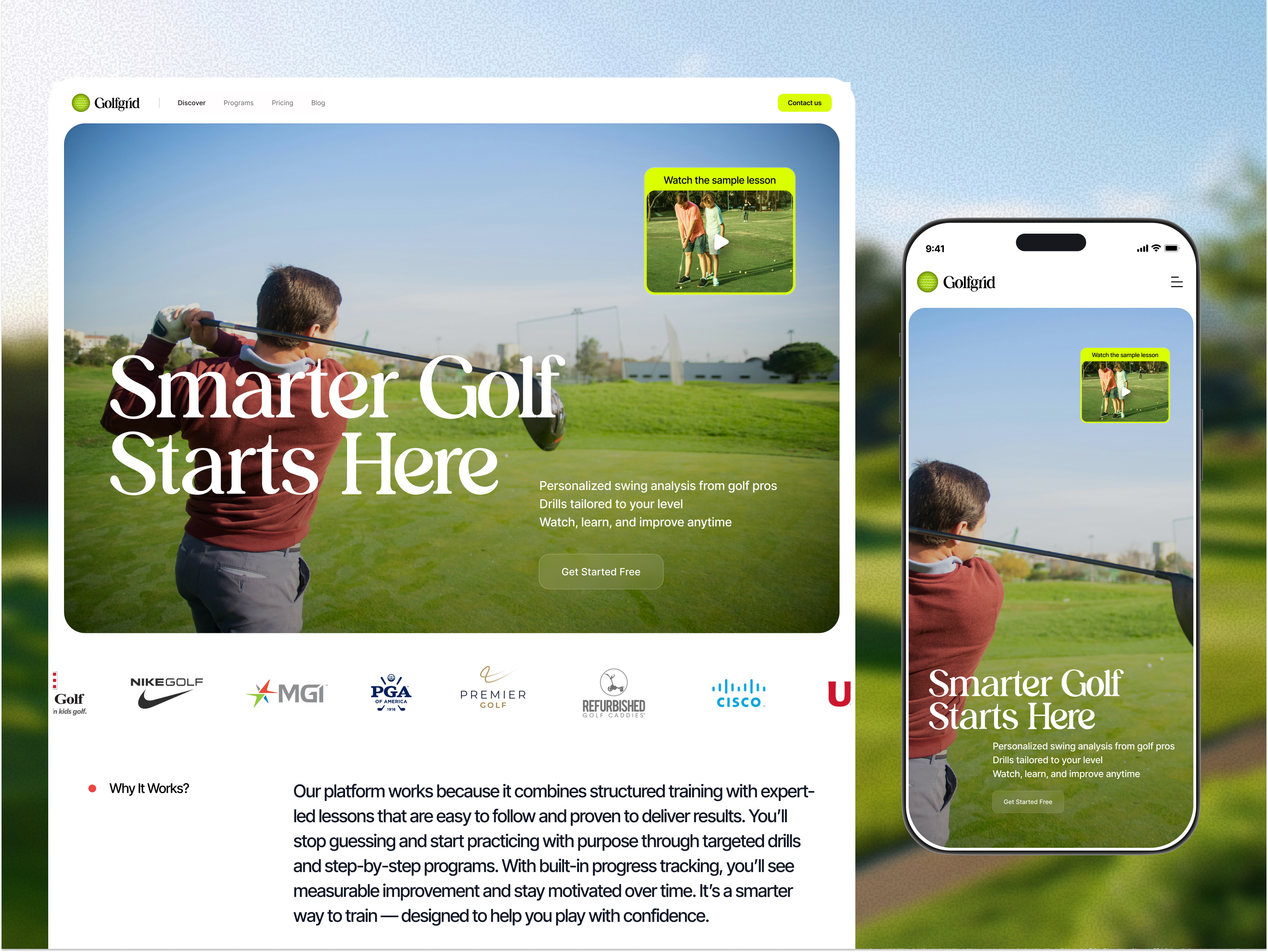 Golf training website header ui design design interface product service startup ui ux web website