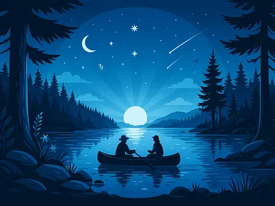 "Starlit Serenity: Canoeing Under the Moonlight" 3d animation brand branding cardboard design direction forest lake graphic design illustration logo motion graphics nature illustration peaceful starry night sky sunset glow ui vibes