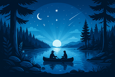 "Starlit Serenity: Canoeing Under the Moonlight" 3d animation brand branding cardboard design direction forest lake graphic design illustration logo motion graphics nature illustration peaceful starry night sky sunset glow ui vibes