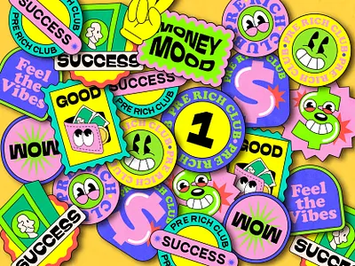 Sticker pack for "Pre-rich club" branding cartoon character cash design dollar icons illustration money pack rich sticker sticker design sticker set success vector