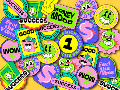 Sticker pack for "Pre-rich club" branding cartoon character cash design dollar icons illustration money pack rich sticker sticker design sticker set success vector