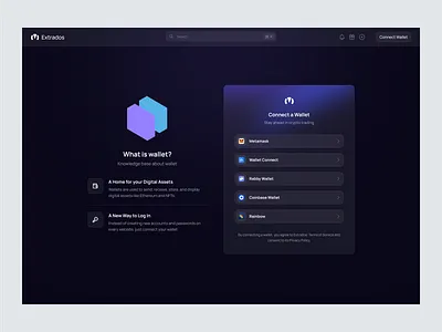 Extrados - Cryptocurrency Connect Wallet ai artificial intelligence b2b blockchain clean crypto cryptocurrency dapp dark mode ui dashboard dipa inhouse modern design portofolio management product design saas startup ui uiux ux web app