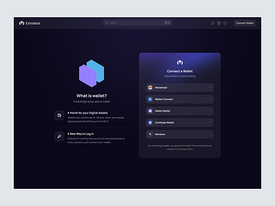 Extrados - Cryptocurrency Connect Wallet ai artificial intelligence b2b blockchain clean crypto cryptocurrency dapp dark mode ui dashboard dipa inhouse modern design portofolio management product design saas startup ui uiux ux web app
